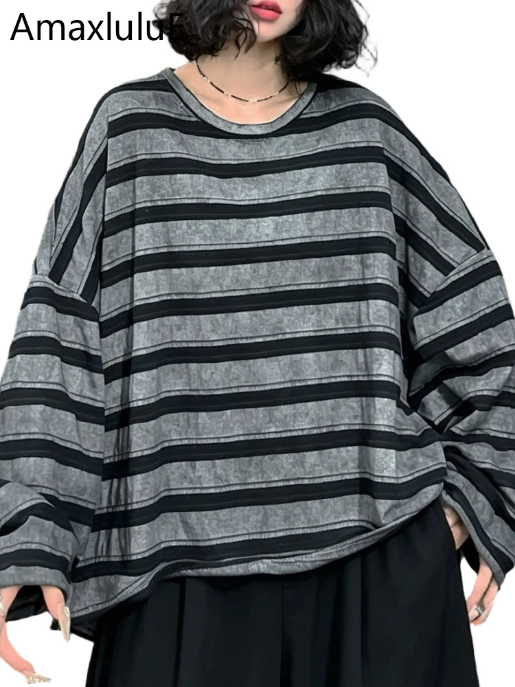 Amax LuluE 2026 Autumn Korean Casual Tops Womens Fashion Oversized Striped T-shirts Ladies Loose Vintage Classic Cotton Clothes