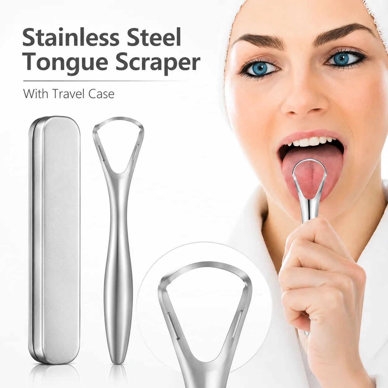 1 Stainless Steel Tongue Scraper & Tongue Brush with Stainless Steel Iron Box - Heavy-Duty Oral Cleaning, Eliminates Bad Breath, Freshens Breath, Gently Cares for Gums, Daily Tongue Care
