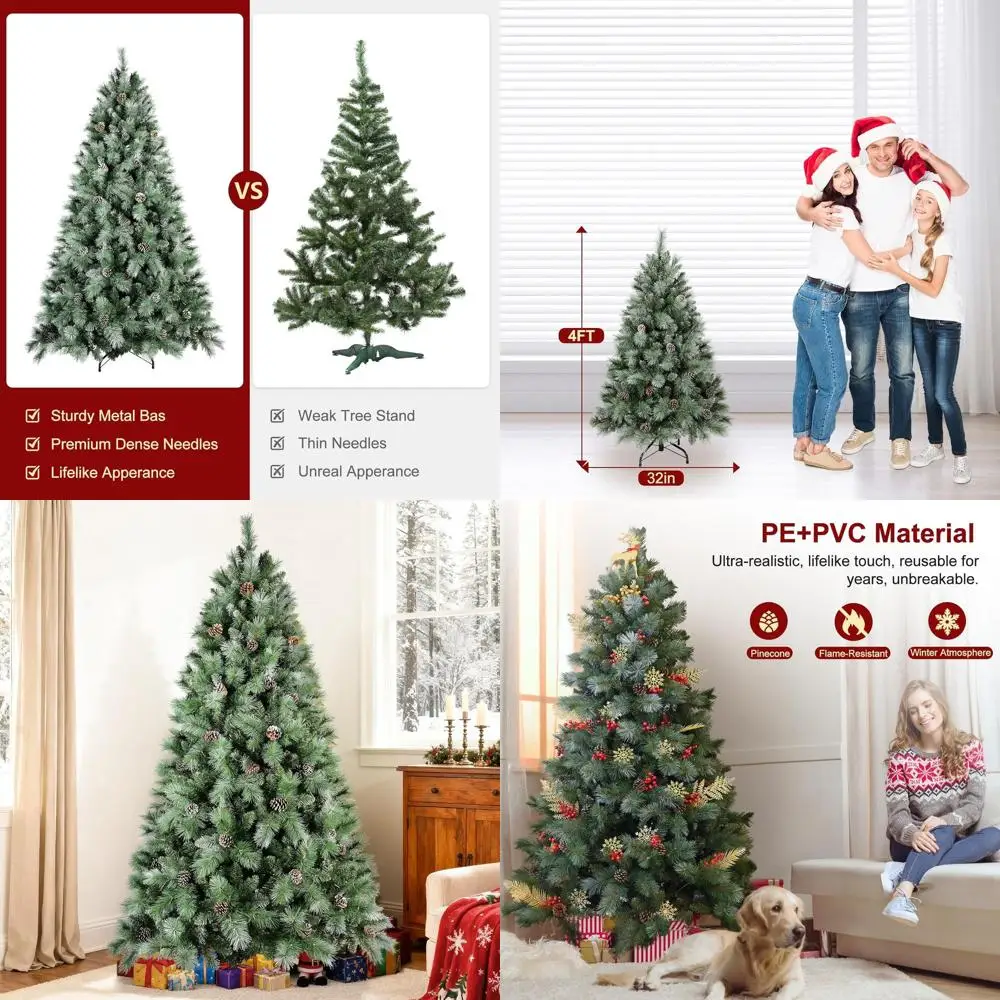 

4ft Pre-Decorated Unlit Hinged Artificial Christmas Tree with Pine Cones for Indoor Holiday Decorations