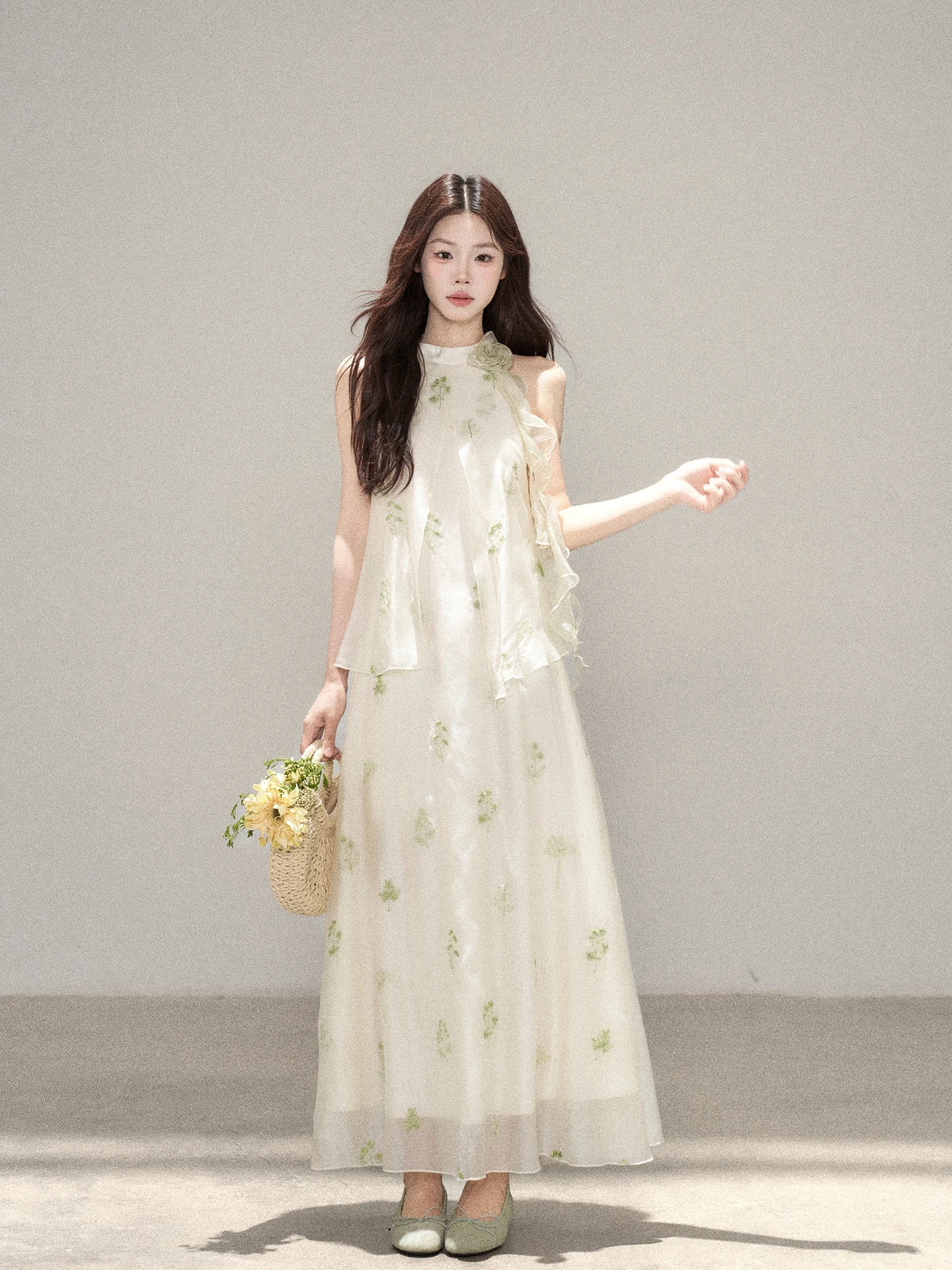 

Chic French Style Hanging Neck Dress Women's Summer New Gentle Wind Beautiful Waist Cinching Long Skirt High Waist A-Line Skirt