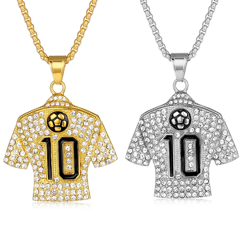 Hip Hop Bling Iced Out Stainless Steel Number 10 Football Jersey Pendant Necklace for Men Rapper Jewelry Gold Silver Color