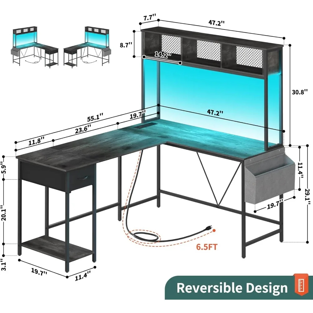 Bureau de jeu en forme de L avec bande LED, bureau d'ordinateur réversible, étagère de rangement, prise de courant