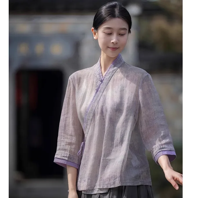 

Летний кардиган Tingzhi Purple Flax Artistic ort Sve с дизайном Sa, улучшенный стиль Ханьфу, свободный крой с V-образным вырезом