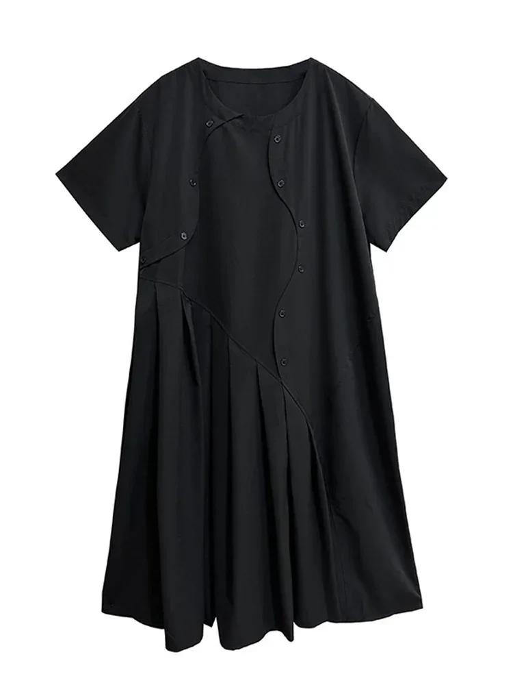 XITAO Asymmetrical Pleated Dress Loose Fashion Solid Color Splicing Short Sleeve Dress Summer Casual New Loose Women HQQ2310