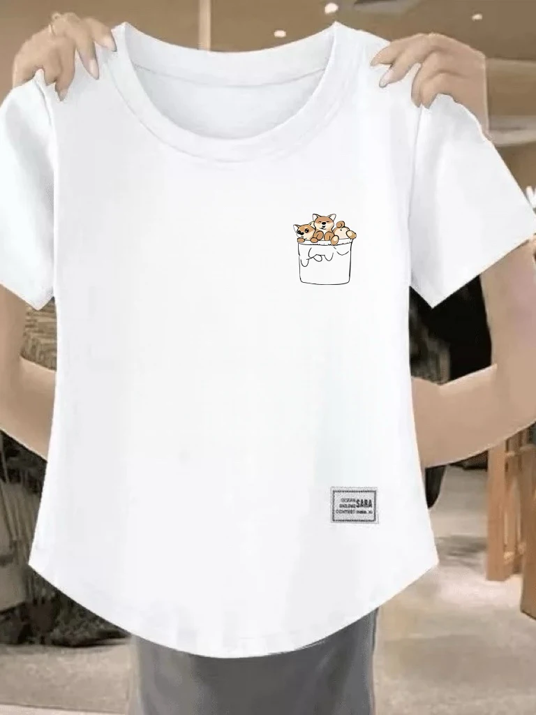 

Casual Style Printed Short Sleeve T-Shirt Women's Loose Versatile Slimming Middle-Aged Mommy's Fashion Top Polyester Fiber