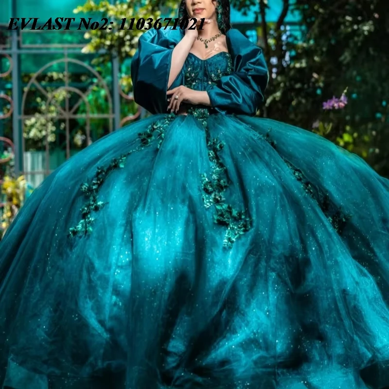 EVLAST Personalizado Brilhante Verde Enegrecido Quinceanera Vestido de Baile Floral Applique Beading Doce 16 Vestidos De 15 Anos E2Q13