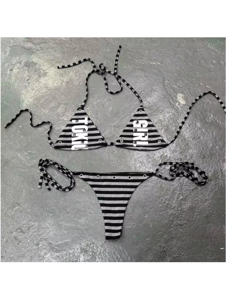

Комплект бикини в стиле дарк-панк с завязками, сексуальный пляжный комплект в европейско-американском стиле с принтом для женщин