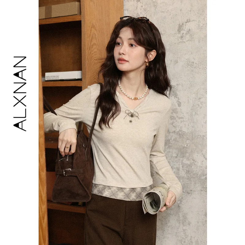 ALXNAN Women's Oat Colored T-shirt Fall Long Sleeved V-neck Collar with Bow Tie Tees Slim-fit Casual Female Clothing L57502