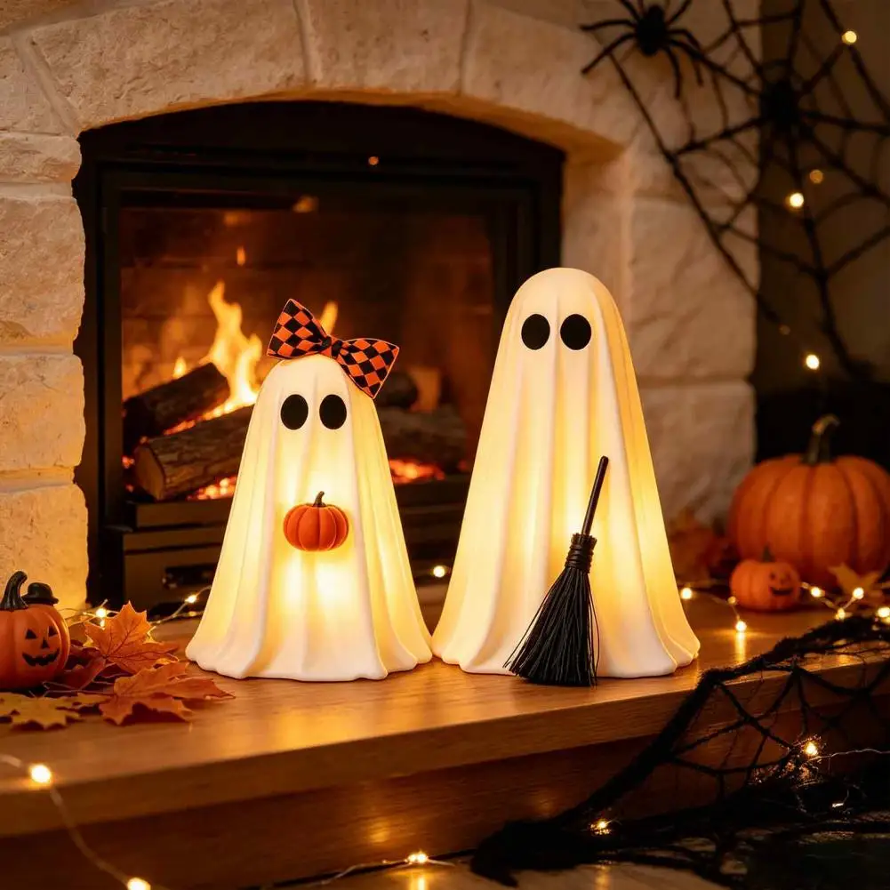 Farmhouse Halloween Tabletop Ornaments 2 Pcs Halloween Ghost Decorations Cute Standing Ghost Figurines with Broom Pumpkin Indoor