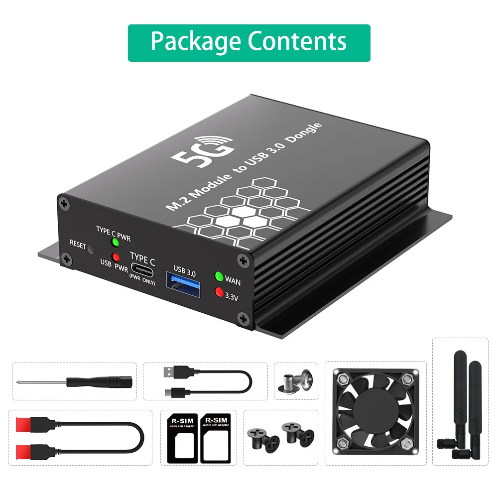 وحدة NGFF(M.2) 4/5G إلى محول دونجل USB 3.0 مع طاقة مساعدة ومروحة تبريد تدعم وحدات M.2 5G ذات العلامة التجارية التالية