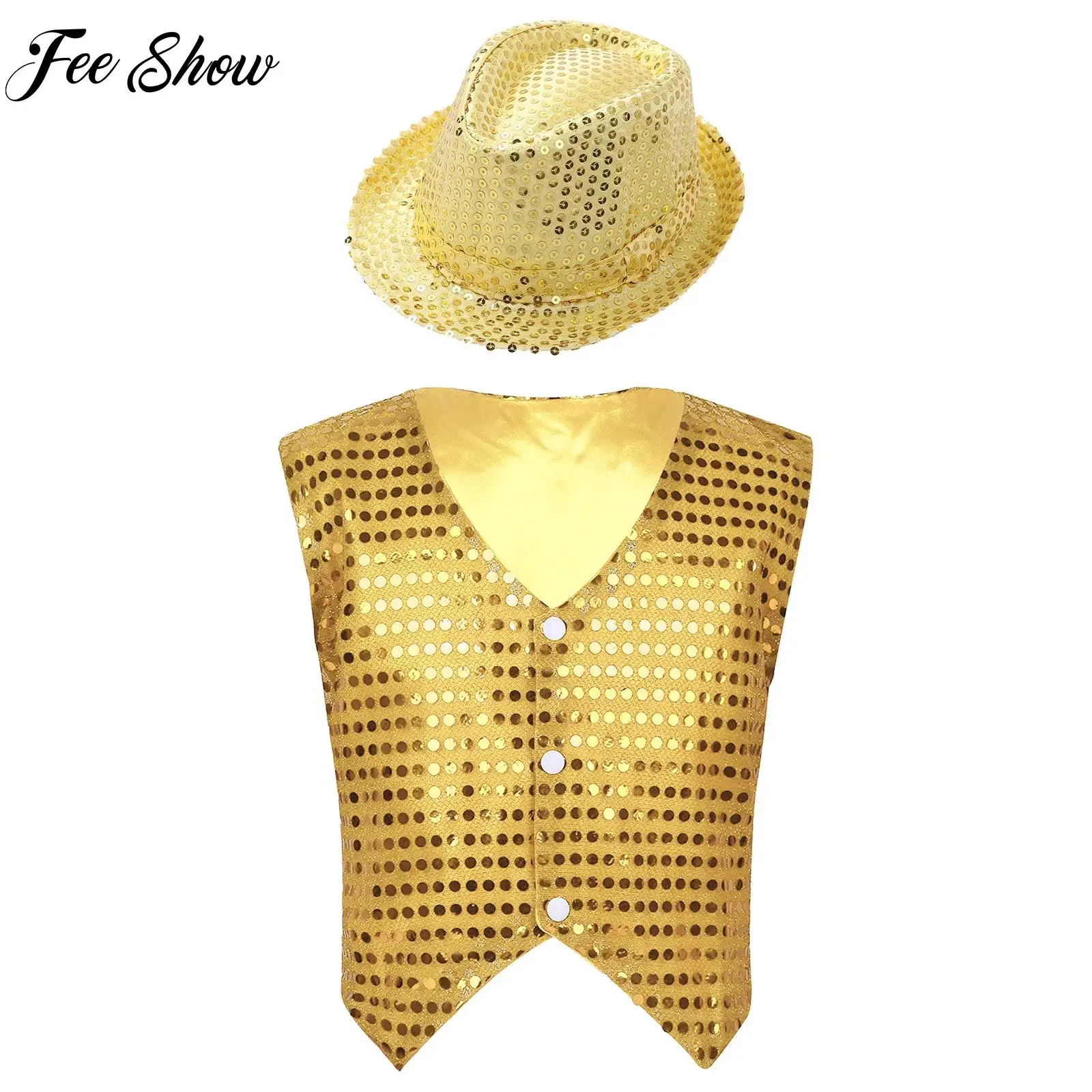 

Kids Boys Glittery Sequins Vests Sleeveless Waistcoat with Hat Set for Hip Hop Jazz Performance Street Dance Costume