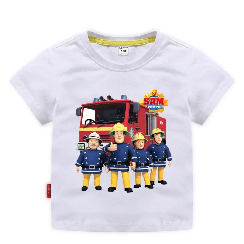 Children Cartoon Fireman Sam Print Cotton T-shirts for Boy Shirt Girl Short Sleeve Tee Top Clothes Kids Clothing Unisex 2-10Year