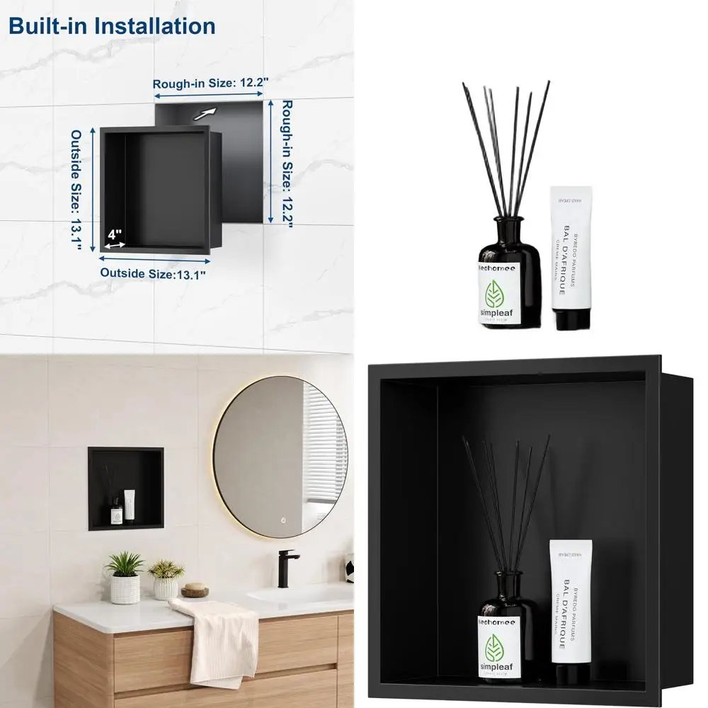 

12x12 Встраиваемая нишевая полка для душа, водонепроницаемая нержавеющая сталь, матовый черный для хранения в ванной комнате