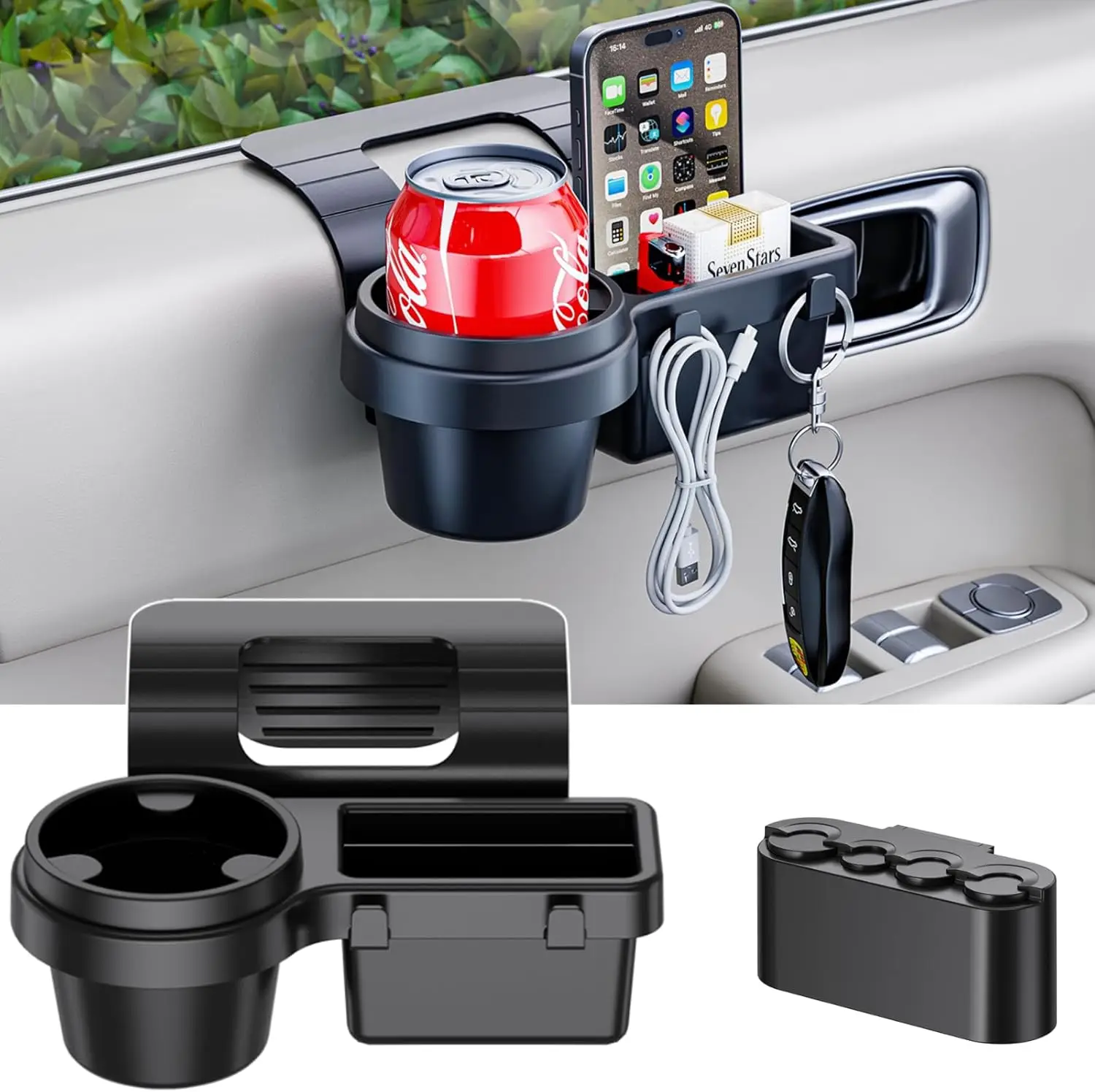 

Universal Car Door Window Drink Cup Holder with Storage Tray and Coin Organizer for Most Vehicles, Trucks Interior Accessories