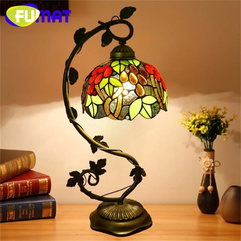 FUMAT Tiffany style stained glass American retro desk lamp for bedroom bedside lamp cafe study restaurant table lamp LED decor