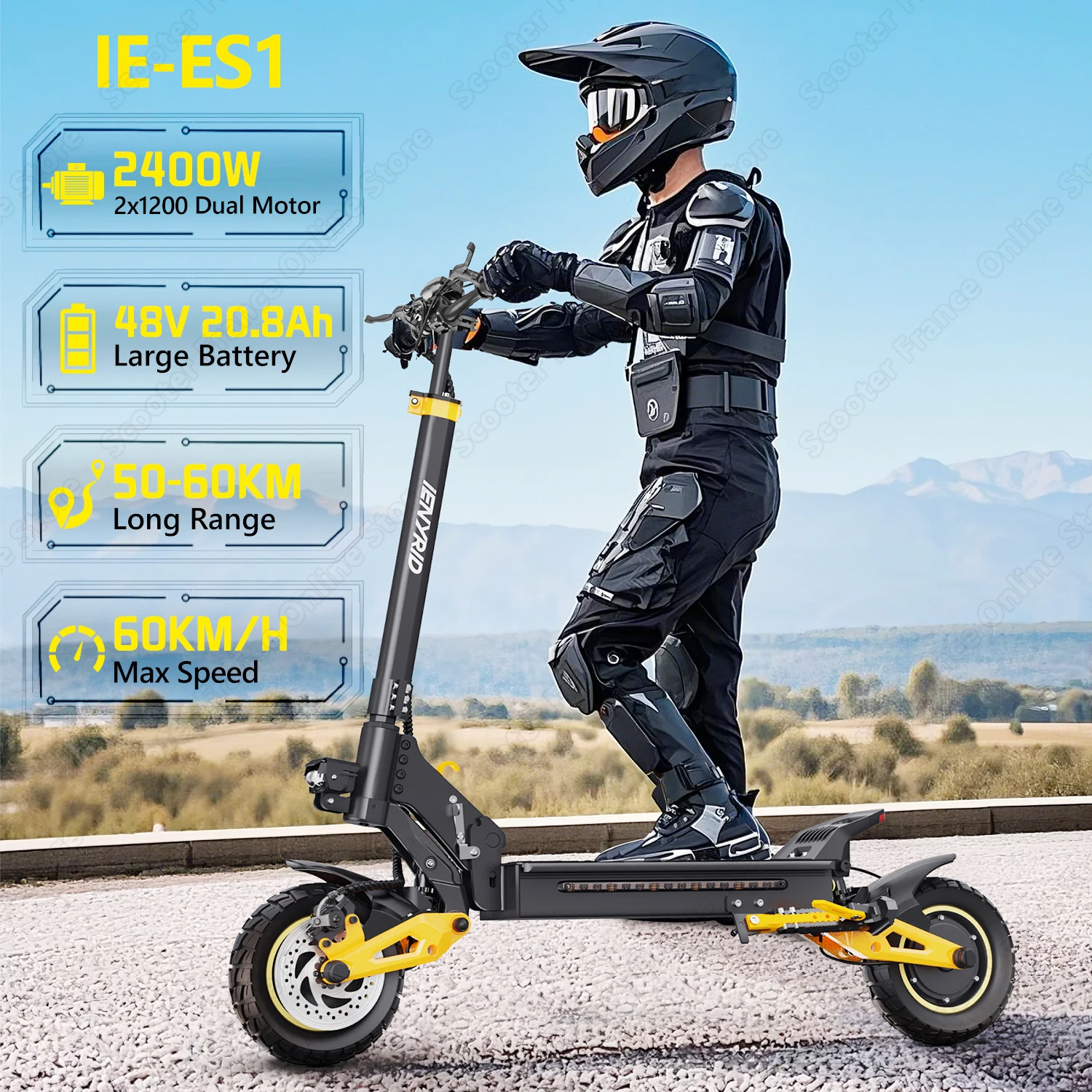 iENYRID iE-ES1 - Scooter elettrico, doppio motore 2400 W, 48 V 20,8 Ah, pneumatici extra larghi da 10, Cruise Control, scooter dal design impermeabile
