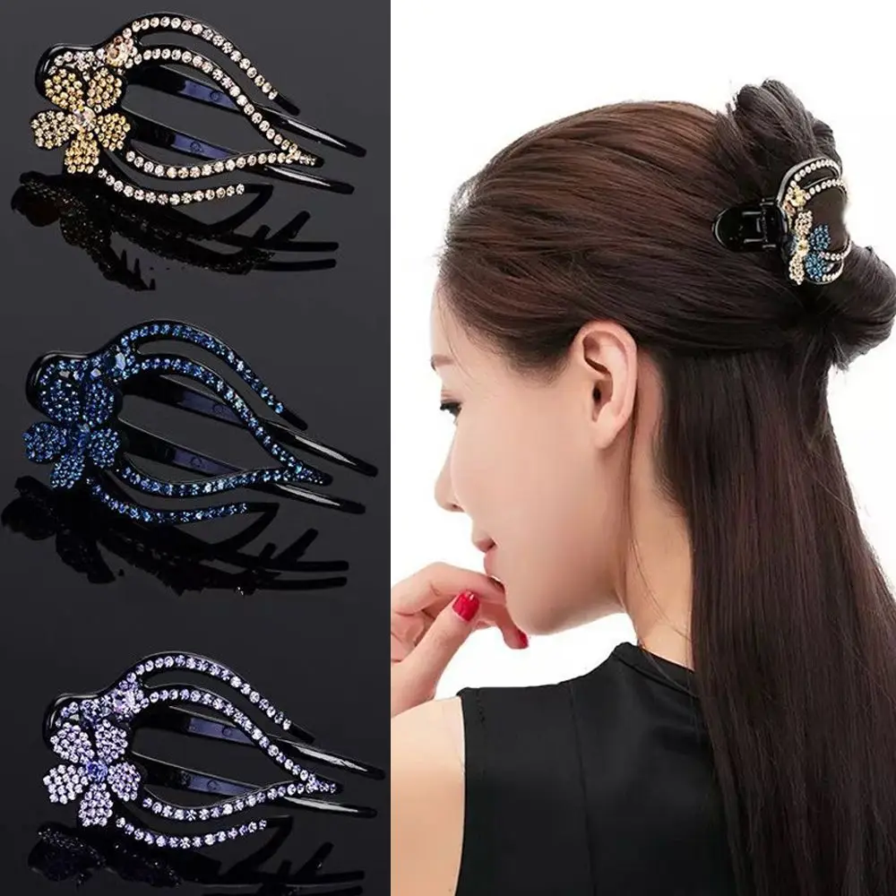 

Shiny Styling Tool Hairpins Flexible Acrylic Heart Flower Rhinestone Hair Clip Hollow Claws