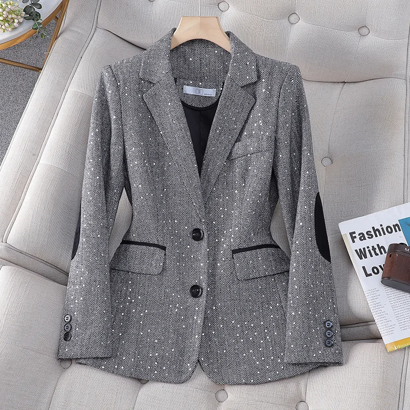 2026 Fashion Spring Autumn Houndstooth Suit Jacket Women's Office Casual Blazers Sequins Patch Slim Small Coat Woolen Outerwear
