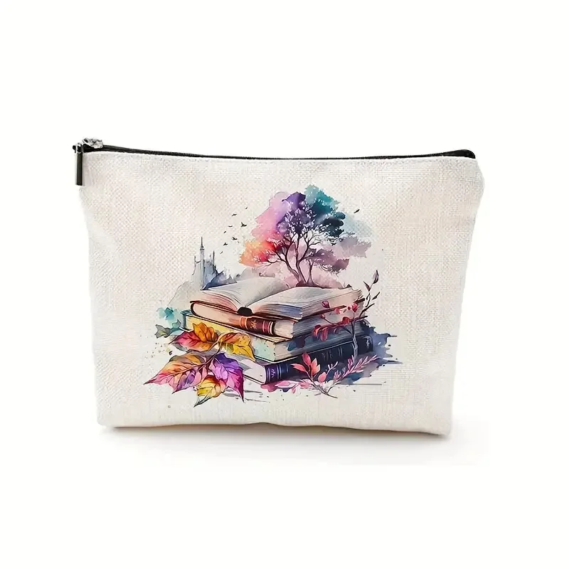Floral Stacked Books Print Cosmetic Bag Vintage Book Flower Makeup Pouch Zipper Travel Toiletry Storage Purse For Book Lovers