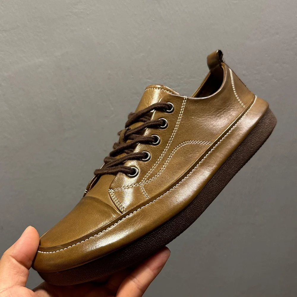 Men's Leather Lace-Up Casual Shoes Comfortable Anti-Slip Height-Increasing Cushioning Soft Sole Retro Style Platform