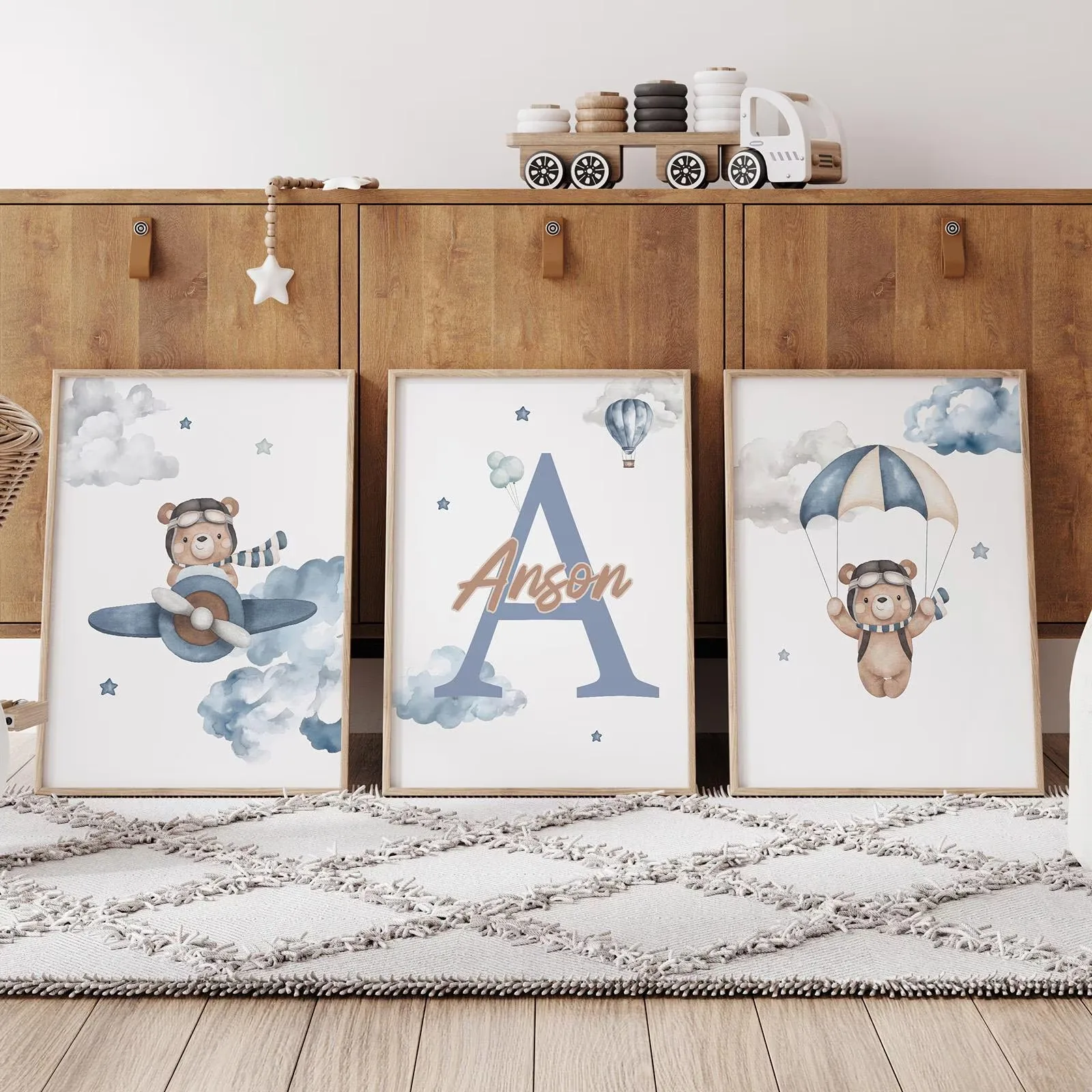 3pcs/set Personalized Teddy Bear Nursery Canvas Print Fun Custom Baby Name Rocket Nebula Birthday Wall Art Poster for Home Decor