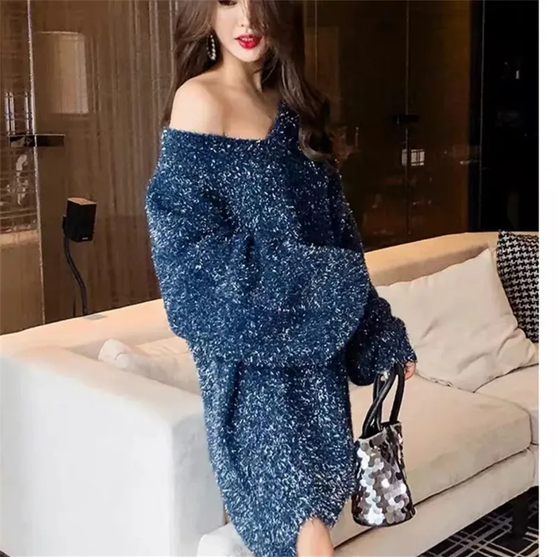 Korean Fashion Autumn Winter 2023 New Very Fairy Sweater Female Glitter Loose Knit Sweater Long Sleeve Top Jumper Women Clothing