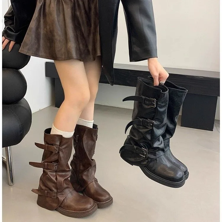 Belt buckle pleated thick soled midsole boots for women in the spring of 2026 popular new styles with pants and trendy boots