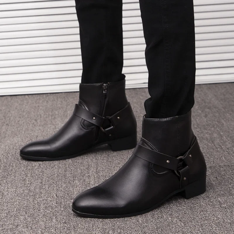 2022 New Ankle Boots Chelsea Boots PU Leather Men Boots Breathable Autumn Winter Fashion Pointed Toe Heels Dress Shoes Big Size