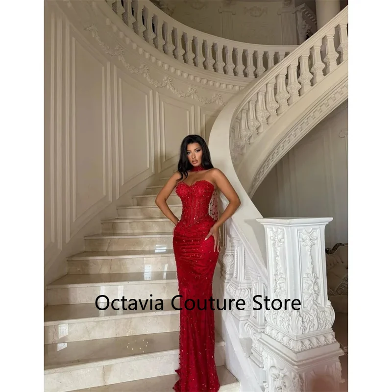 فستان حورية البحر الأحمر المخصص بأحجار الراين للحفلات الراقصة ورقبة رسن بطول الأرض من vestidos de noche فاخر بدون أكمام للسهرات الرسمية