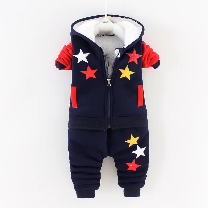 Baby PlushThickened Set Cartoon Bear Hooded zipper Jacket+Pants 2PCS Suit Children\'s Clothing Autumn Winter Boys Cotton Set 0-5Y