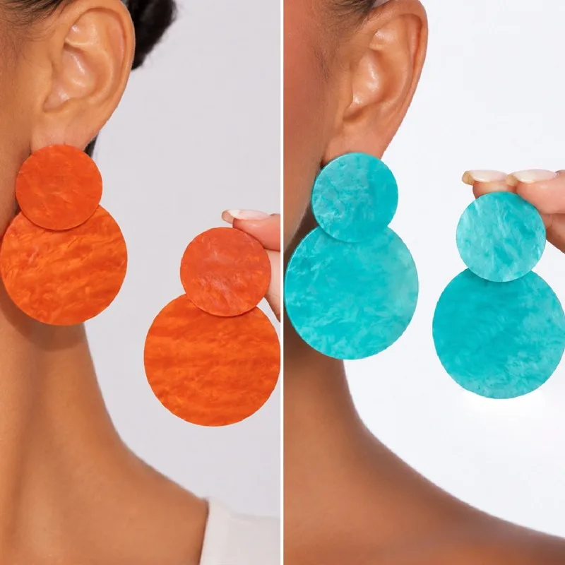 Acetate Two-Tier Round Drop Earrings for Women Marbled Swirl Geometric Circle Statement Stud Earrings Retro Boho Party Jewelry