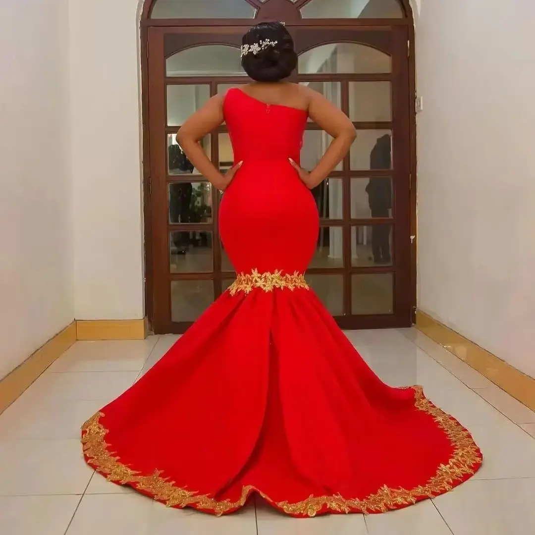 New Elegant Aso Ebi Plus Size Mermaid Dresses One Shoulder Lace Applique Sweep Train Formal Evening Gowns For