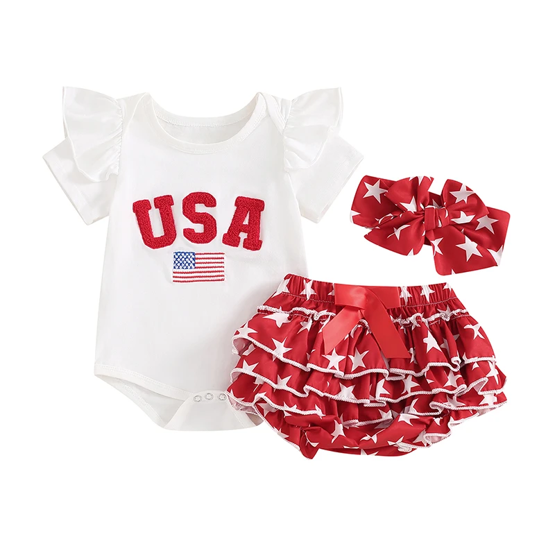 

Newborn Baby Girl 1st 4th of July Flying Sleeve Romper Star Print Tutu Bloomer Shorts Headband Summer 3Pcs Outfit