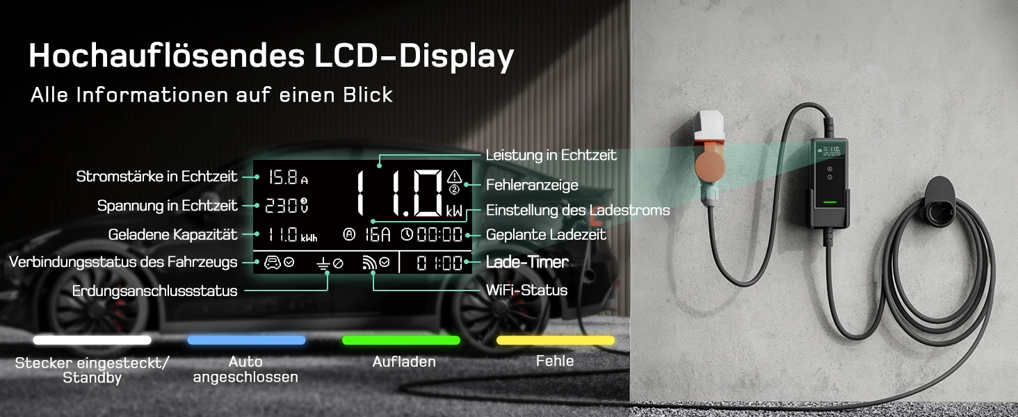 dé Mobile Wallbox 11kW Typ 2 APP 16A 3-Phasen 5,5m 7m 10m 15m 20m 25m Ladekabel Elektrofahrzeug-Ladegerät CEE-Stecker auf Typ 2 mit Einstellbarem Strom EV-Ladegerät RCD Typ A 30mA (AC) + 6mA (DC) – Detail 7