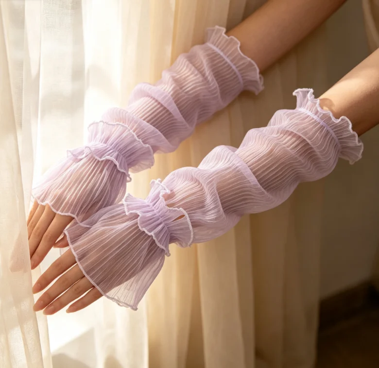 Light Purple Pleated Sheer Mesh Arm Cuffs, Ruffled Layered Sheer Sleeves for Sweet Gentle Outfit Matching