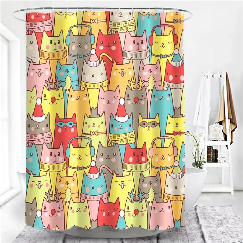 Cartoon Animal Pattern Shower Curtains Cute Cat Waterproof Polyester Fabric Home Decoration Bath Curtain Bathroom Accessories