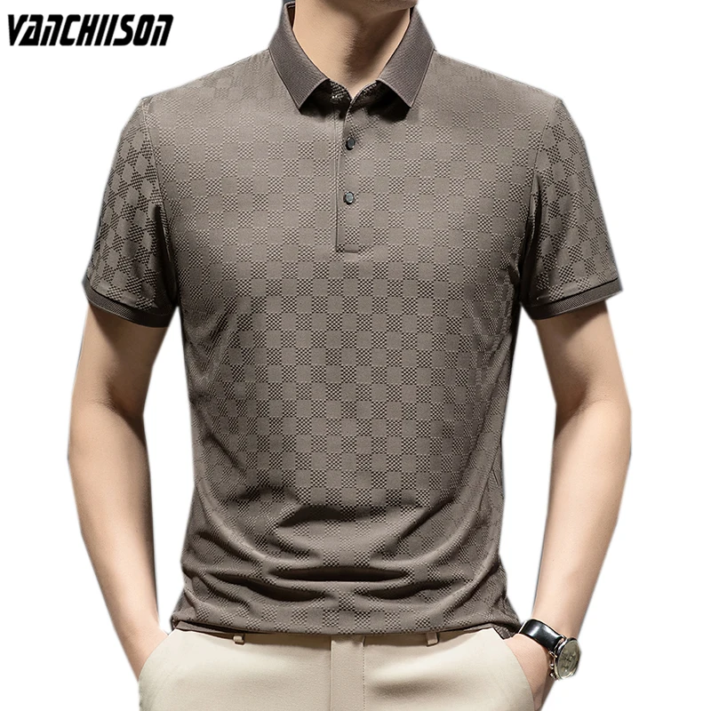 

Men Short Sleeve Polo Shirt Tops for Summer Dobby Fabric Plaids Retro Vintage Male Fashion Casual 00741