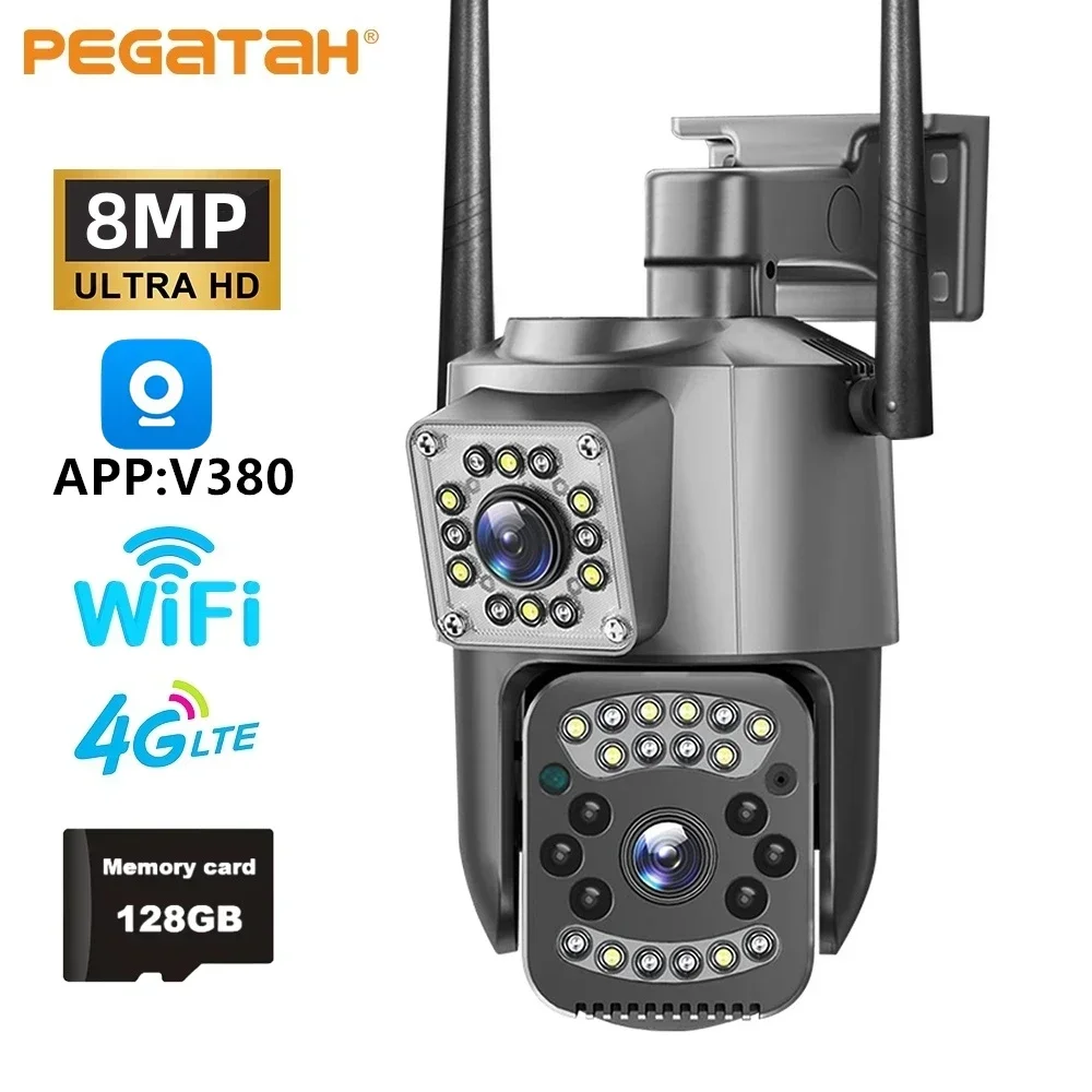 PEGATAH 8MP IP Camera Wifi 4G Sim Card HD Dual Lens Outdoor Security Camera Night Vision CCTV Surveillance PTZ Cameras