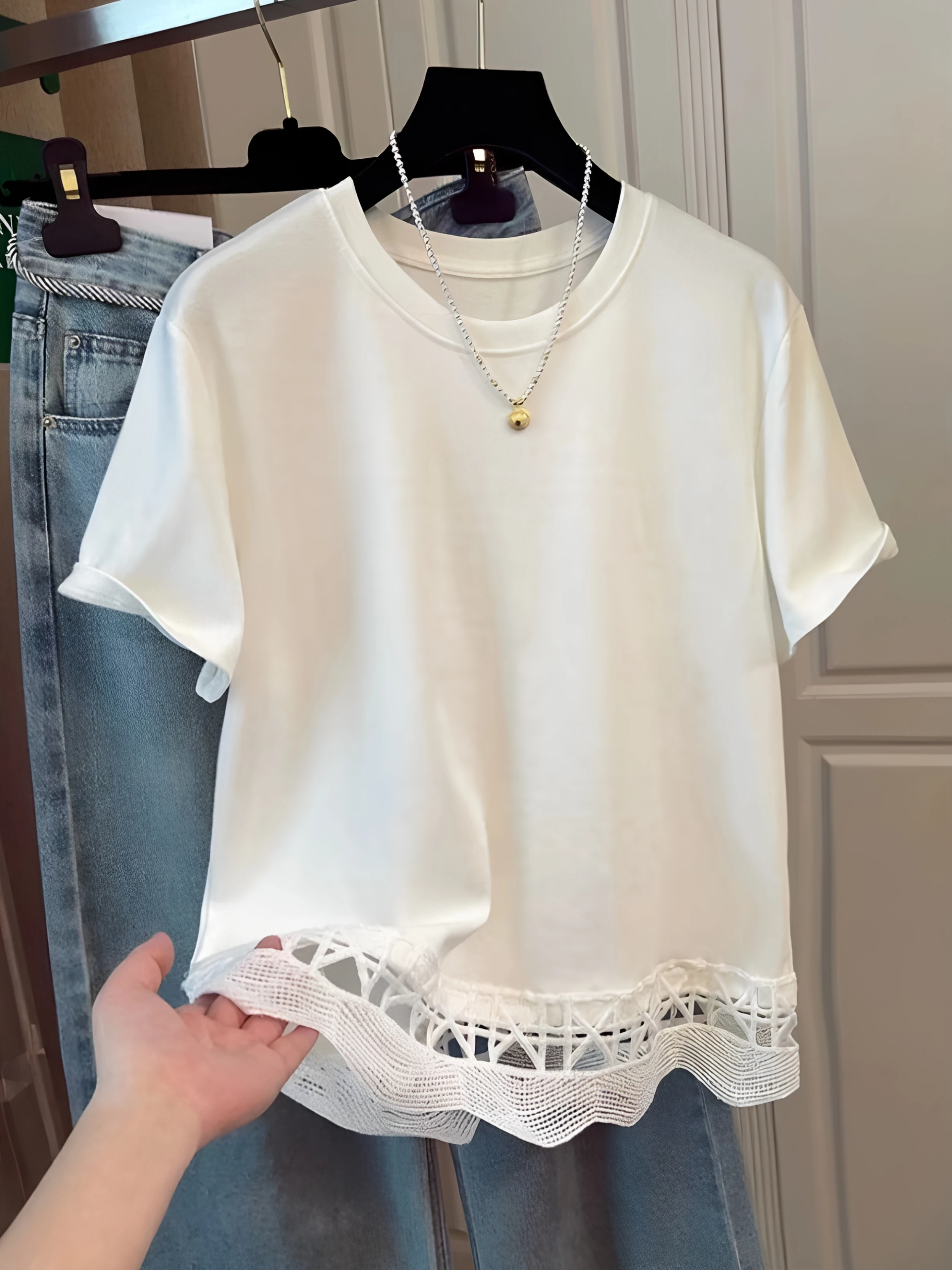 White 95 Cotton Lace Casual Loose T-Shirt Women's Spring Summer New Style plus Size Short Sleeve Splicing T-Shirt