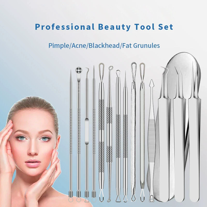 Kit removedor de cravo de aço inoxidável, 15 peças, conjunto de ferramentas de espinhas com extrator de comedone, pinças de acne, agulhas de beleza para cuidados faciais