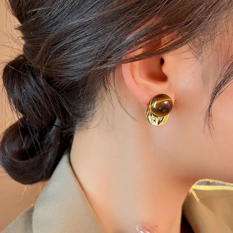 Mirad Tiger Eye Stone Metal Gold Color Round Earrings 2026 New Design Jewelry For Women's Trendy Accessories Fashion Earrings
