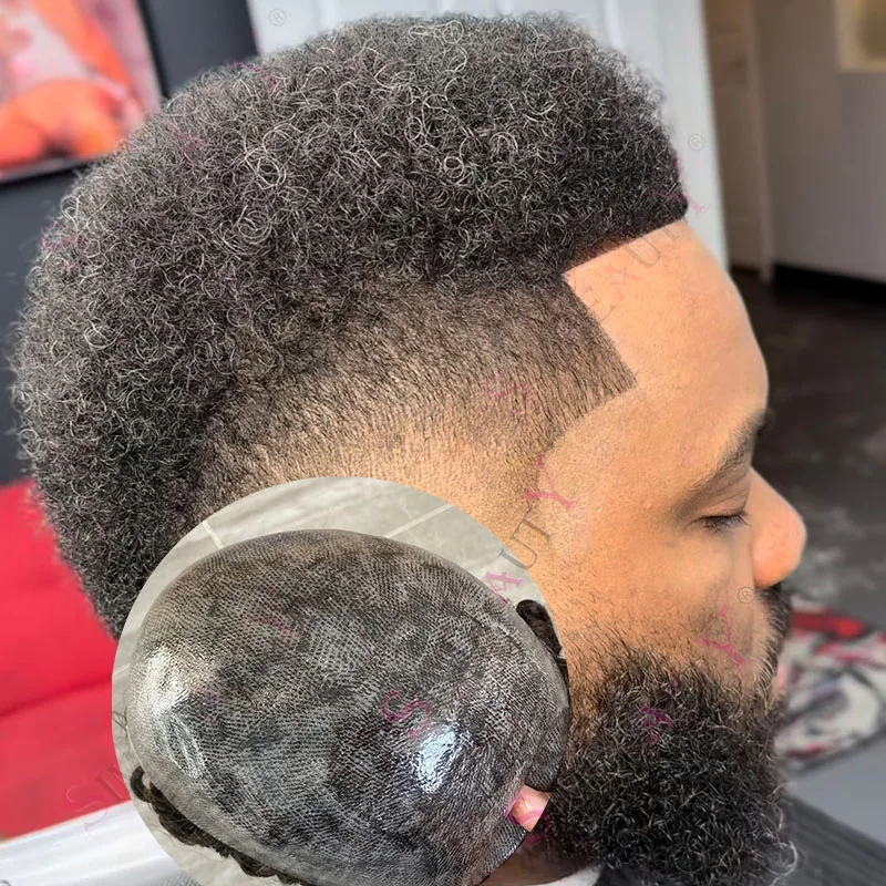 

Натуральная линия волос 6 мм афро вьющиеся парикиHairstyle Мужской парик Серый Черный 1B10 Прочный микрокожа Пу Коричневый Протез Система Шиньон