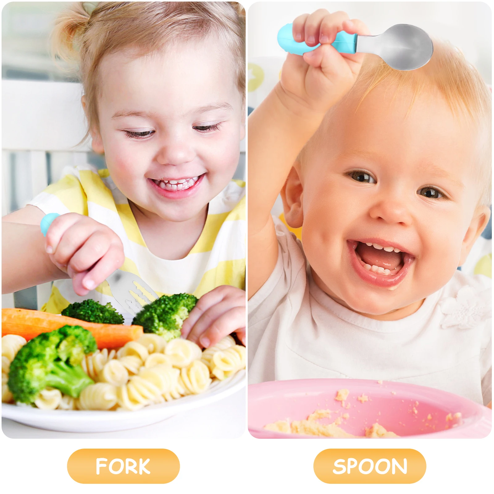 

1 Set Baby Tableware Set Stainless Steel Feeding Spoon Fork Durable Round Handle Anti-Choking Design For Infant Toddler Utensils