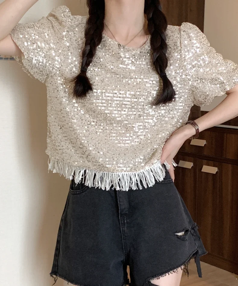 Womens Tops O-Neck Puff Sleeve Tassel Sequins Loose T Shirt Shiny Apricot French Slim Designer Top Female Fashion 2023