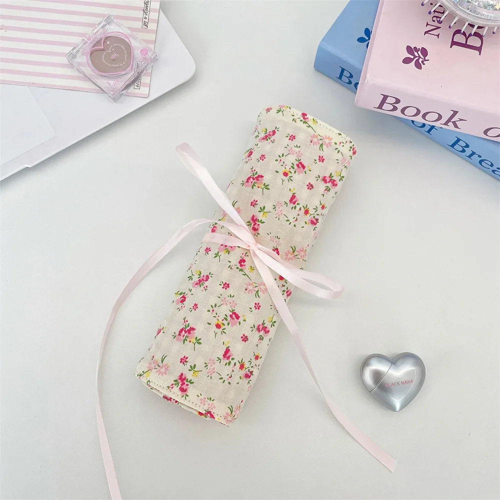 Convenient Makeup Brush Bag Large Capacity Pink Cosmetic Storage Bag Floral Pattern Eyebrow Pencil Box Makeup Brush Organizer