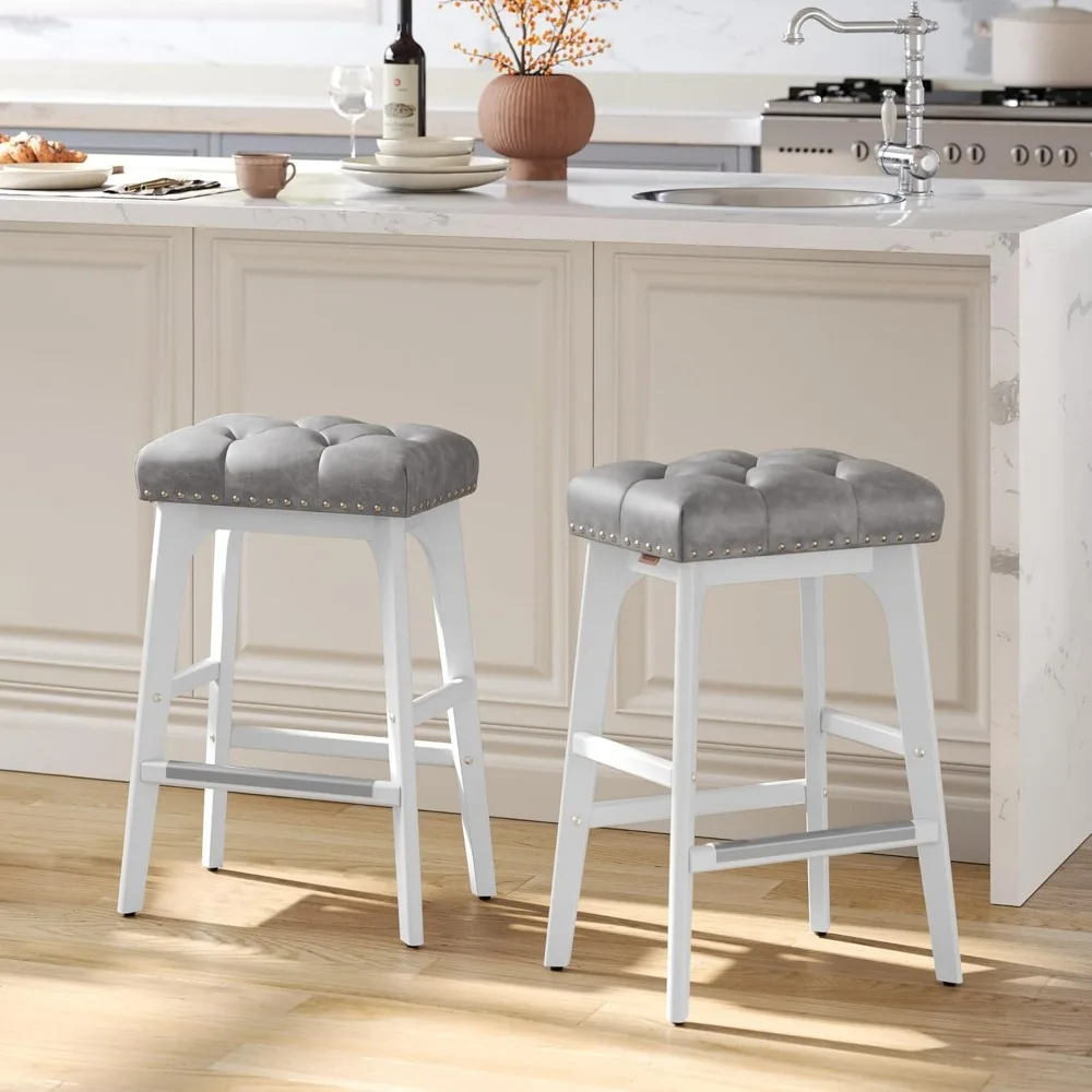 

Bar Stools Set of 2, Counter Height Saddle Bar Stools, 26-Inch Backless Kitchen Stools with Wood Legs, PU Leather Thickened