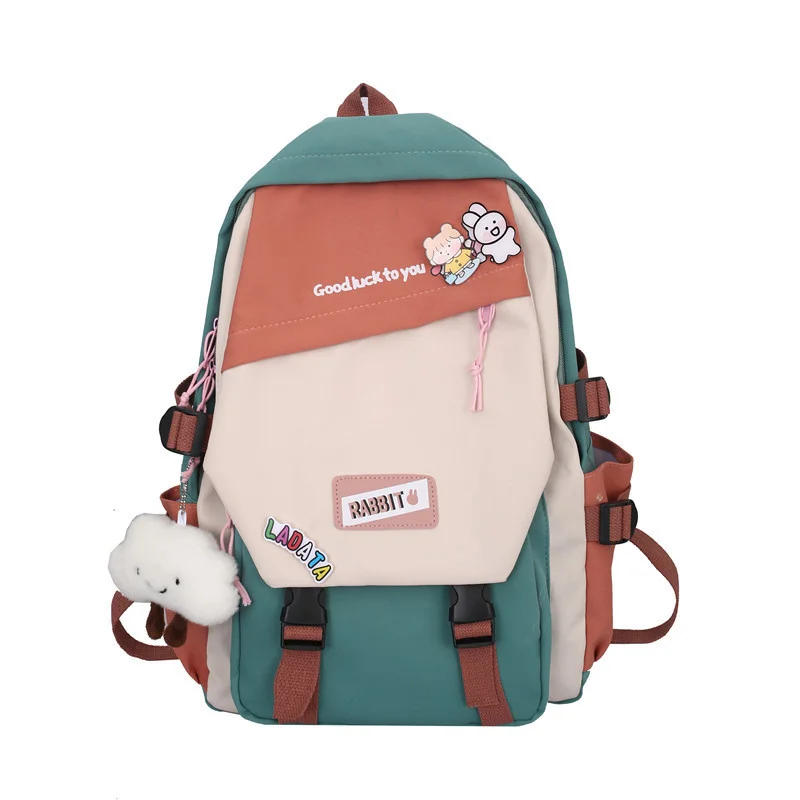 TRAVEASY Korean High School Woman Backpack Nylon Contrast Color Shoulder Bag Preppy Style Teenage Girl Casual with Plush Pendant