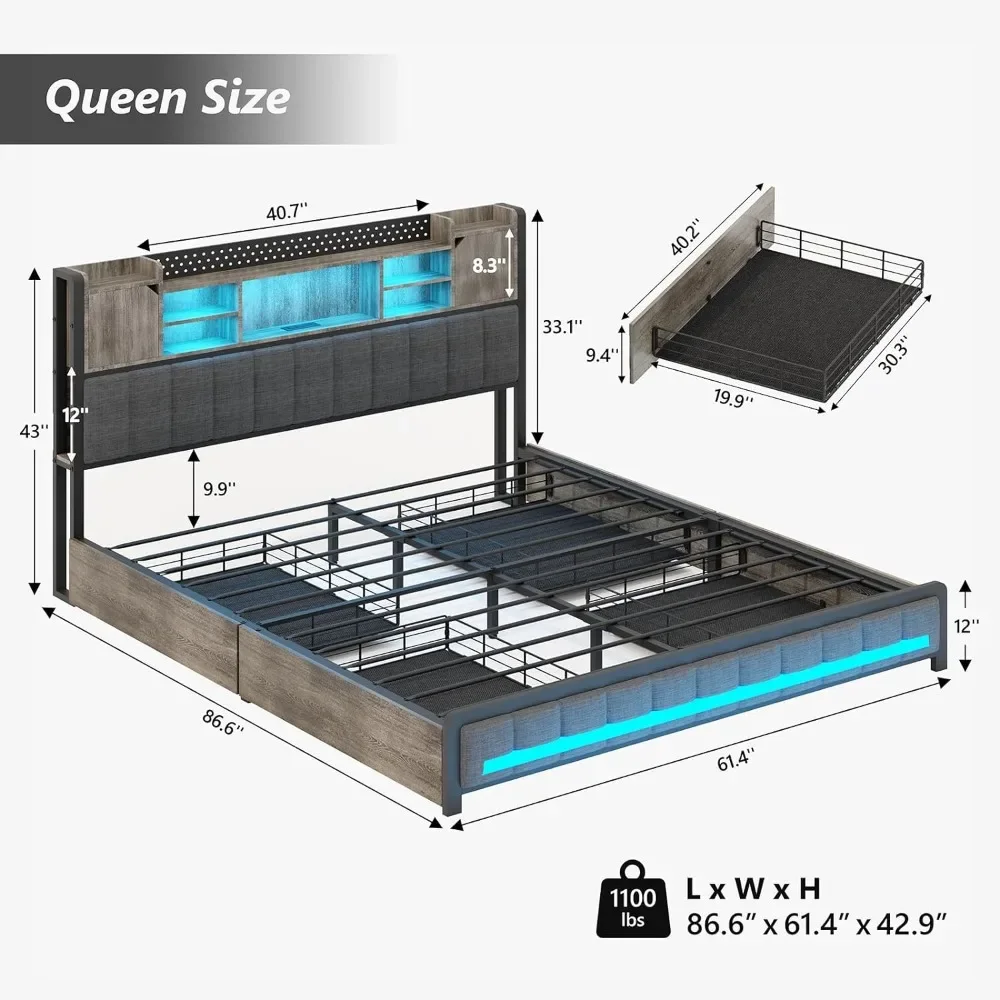 Queen Size Bed Frame with 4 Storage Drawers and Bookcase Headboard, LED Light, Type-C & USB Charging Station, Bed Frame