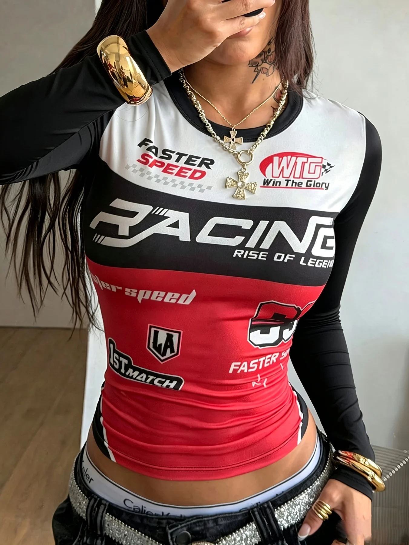 New Red and White Striped Retro Racing Letters MOTO Print Long Sleeve T-Shirt Retro Millennial Streetwear Graphic Family T-Shirt