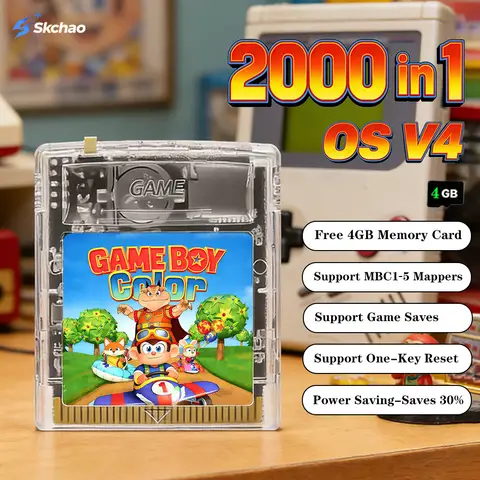 EDGB GBC Game Card 2000 in 1 OS V4 Edition, 4GB Memory Card, One Key Return Function for Game Boy Color GB GBA SP Console